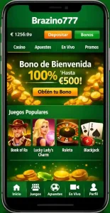 Aplicación Brazino777 mostrando bonos y juegos